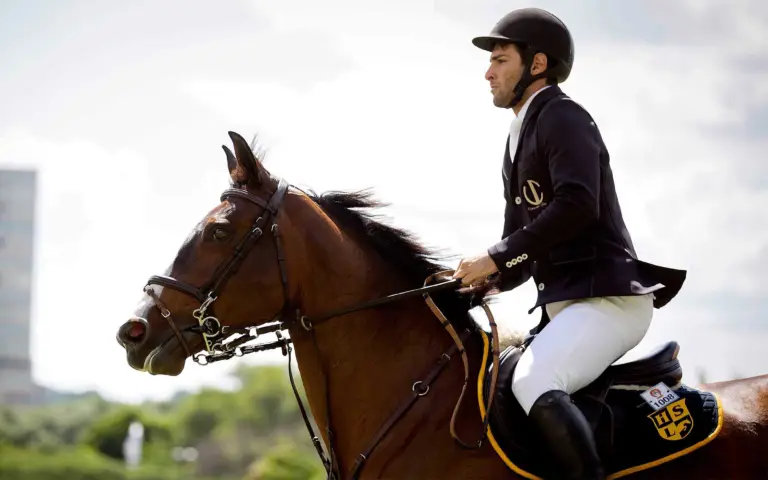 Equestrian rider in a black jacket and white pants riding a brown horse during a competition, showcasing VC Wear.